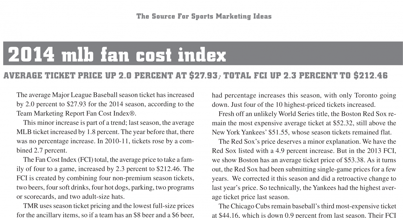 2014 MLB Fan Cost Index® Team Marketing Report